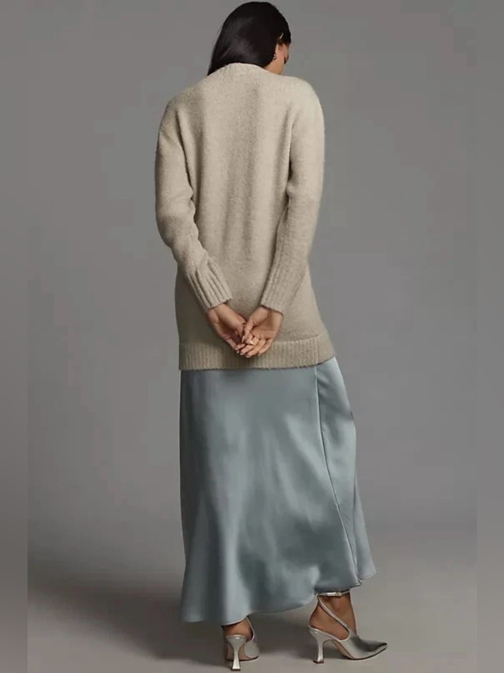Anthropologie Twofer Light Gray Knit Sweater with Slate Blue Slip Maxi Dress XSP - Picture 2 of 9